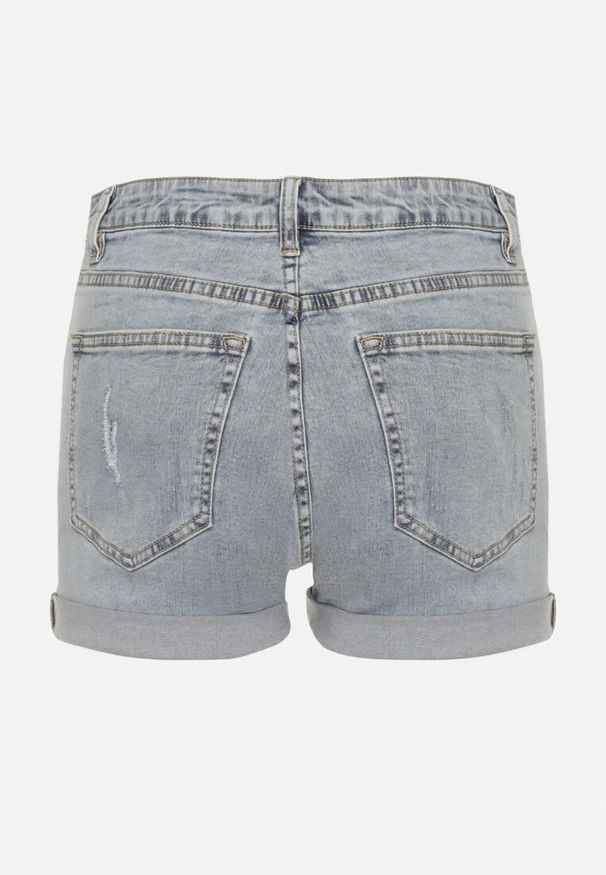 Born2be - Niebieskie Jeansowe Bawełniane Szorty z Wysokim Stanem Ozdobione Przetarciami Nellasia. Okazja: na co dzień. Stan: podwyższony. Kolor: niebieski. Materiał: jeans, bawełna. Wzór: aplikacja. Sezon: lato. Styl: elegancki, casual