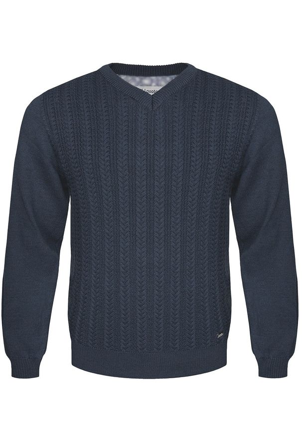 M. Lasota - polski producent - Niebieski sweter męski w serek z wełny merino SL03 Fabiano. Typ kołnierza: dekolt w serek. Kolor: niebieski. Materiał: wełna. Wzór: ze splotem, gładki. Styl: sportowy