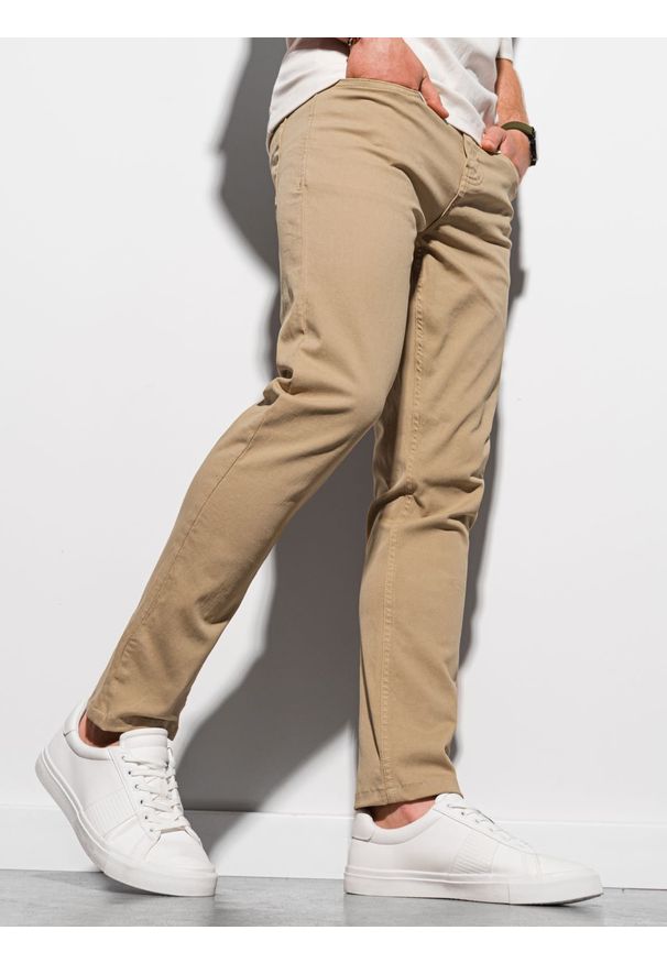 Ombre Clothing - Spodnie męskie chino P990 - ciemnobeżowe - XXL. Kolor: beżowy. Materiał: bawełna, elastan