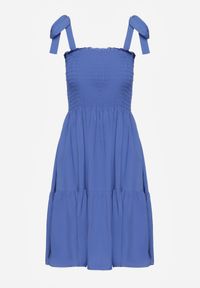 Renee - Niebieska Bawełniana Sukienka na Ramiączkach z Gumką w Pasie o Rozkloszowanym Kroju Holfea. Okazja: do pracy, na co dzień, na spacer. Kolor: niebieski. Materiał: bawełna. Długość rękawa: na ramiączkach. Sezon: lato. Typ sukienki: proste, rozkloszowane. Styl: elegancki, klasyczny, casual #8