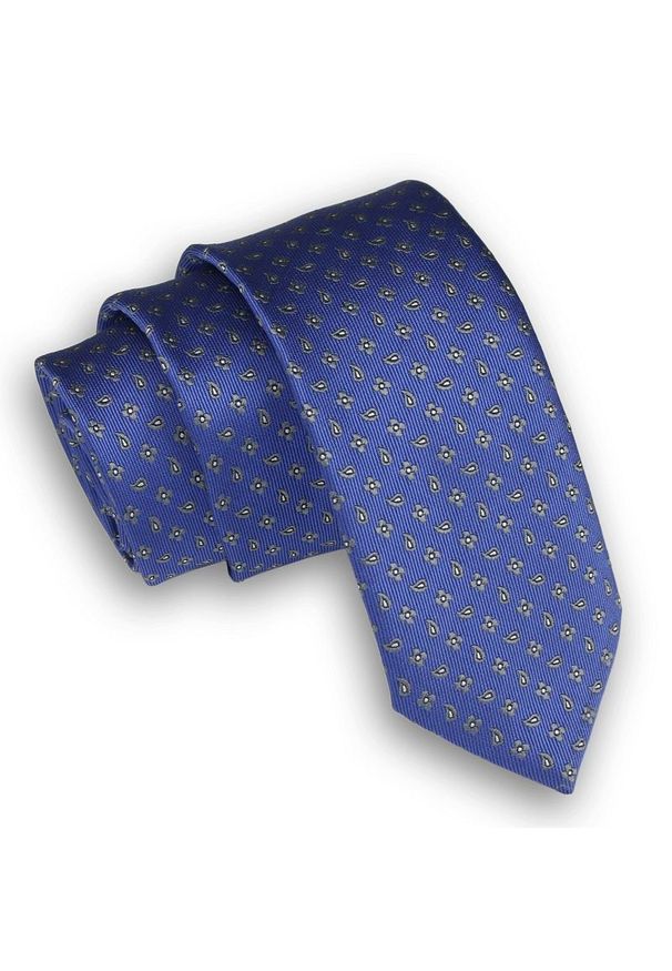Alties - Niebiesko-Szary Elegancki Krawat Męski -ALTIES- 6 cm, w Drobne Kwiaty i Paisley. Kolor: niebieski. Materiał: tkanina. Wzór: kwiaty. Styl: elegancki
