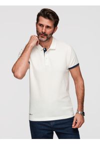 Ombre Clothing - Bawełniana męska koszulka polo z kontrastowym wykończeniem – biała V1 - Rozmiar: M. Okazja: na co dzień. Typ kołnierza: polo. Kolor: biały. Materiał: bawełna. Wzór: haft. Styl: casual, klasyczny
