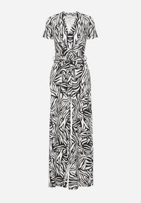 Born2be - Czarno-Biały Kombinezon o Kopertowym Kroju z Szerokimi Nogawkami Saramla. Kolor: czarny. Materiał: skóra. Styl: klasyczny, elegancki, sportowy #4