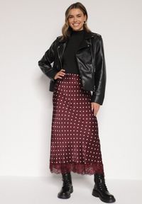 Born2be - Bordowa Wiskozowa Spódnica z Wysokim Stanem w Kropki z Koronką Monivesa. Okazja: na co dzień. Stan: podwyższony. Kolor: czerwony. Materiał: wiskoza, koronka. Wzór: kropki, koronka. Styl: casual, elegancki #7