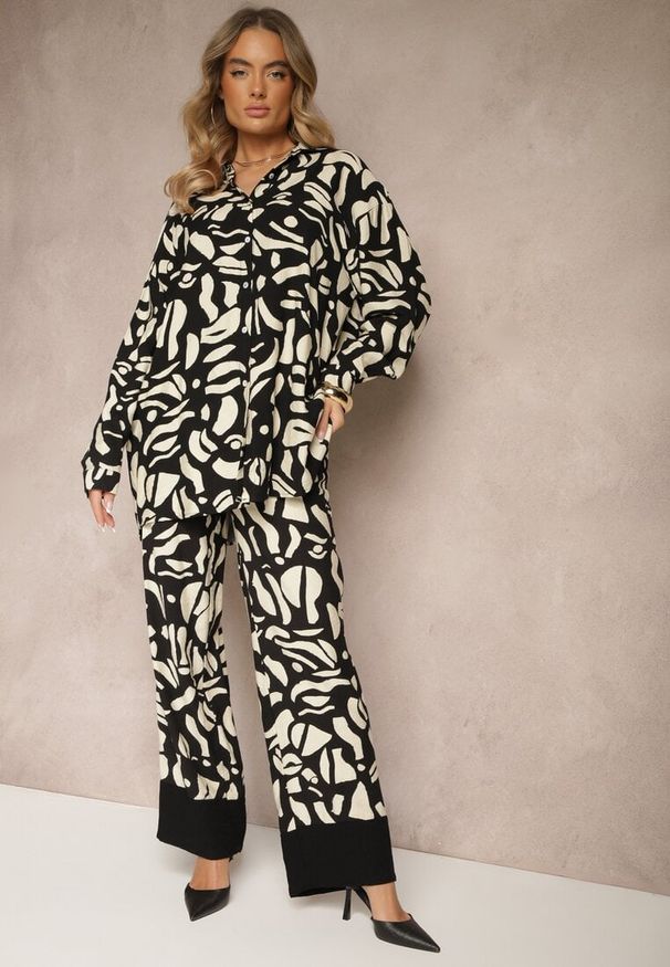 Renee - Czarny Komplet z Lnu i Wiskozy Koszula i Spodnie z Abstrakcyjnym Wzorem Paliris. Kolor: czarny. Materiał: len, wiskoza