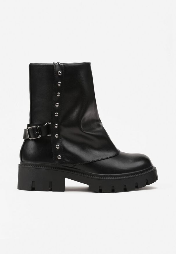 Renee - Czarne Botki Ozdobione Klamrą i Wywiniętą Cholewką Ansone. Okazja: na co dzień. Zapięcie: klamry. Kolor: czarny. Materiał: jeans. Szerokość cholewki: normalna. Wzór: aplikacja. Sezon: jesień. Styl: elegancki, casual