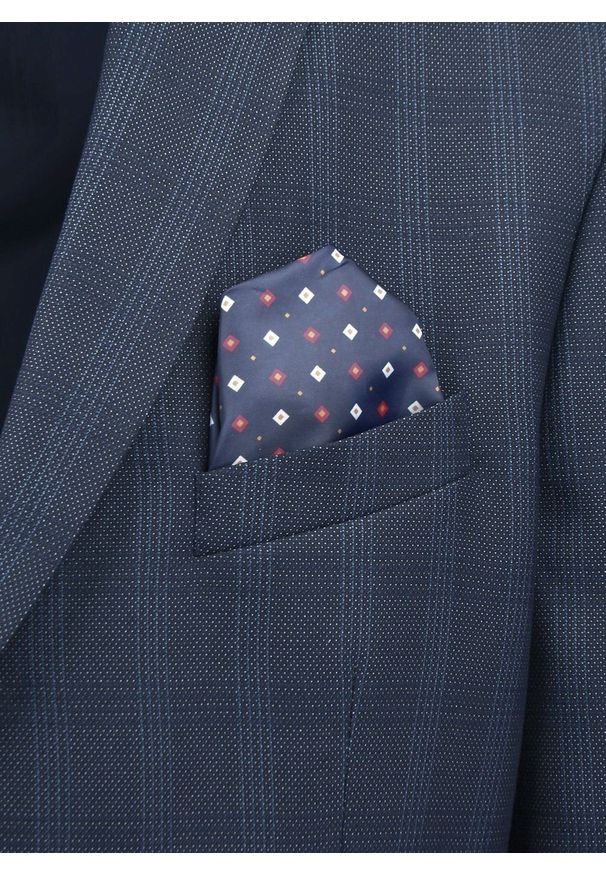 Taliowana, Elegancka Marynarka Męska - Casino - Granat, Delikatna Kratka. Kolor: niebieski. Materiał: wiskoza, poliester. Wzór: kratka. Styl: elegancki