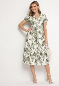 Born2be - Zielona Rozkloszowana Sukienka z Dekoltem w Serek Zdobiona Roślinnym Wzorem Evilirae. Okazja: na spotkanie biznesowe, do pracy, na co dzień. Typ kołnierza: dekolt w serek. Kolor: zielony. Wzór: aplikacja. Styl: casual, biznesowy #6