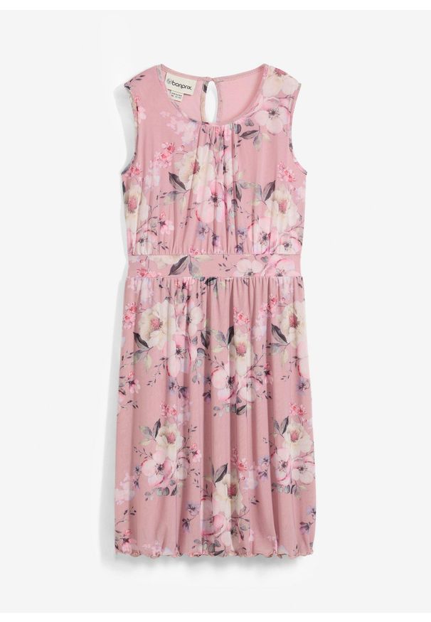 bonprix - Przewiewna wzorzysta sukienka z siateczki. Kolor: różowy. Wzór: nadruk, aplikacja. Sezon: lato