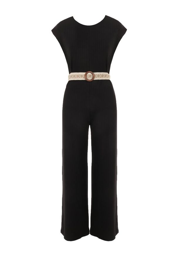 Born2be - Czarny Kombinezon z Paskiem Thalaera. Kolor: czarny. Materiał: dzianina, prążkowany. Długość rękawa: krótki rękaw. Długość: krótkie. Wzór: jednolity. Sezon: lato. Styl: boho