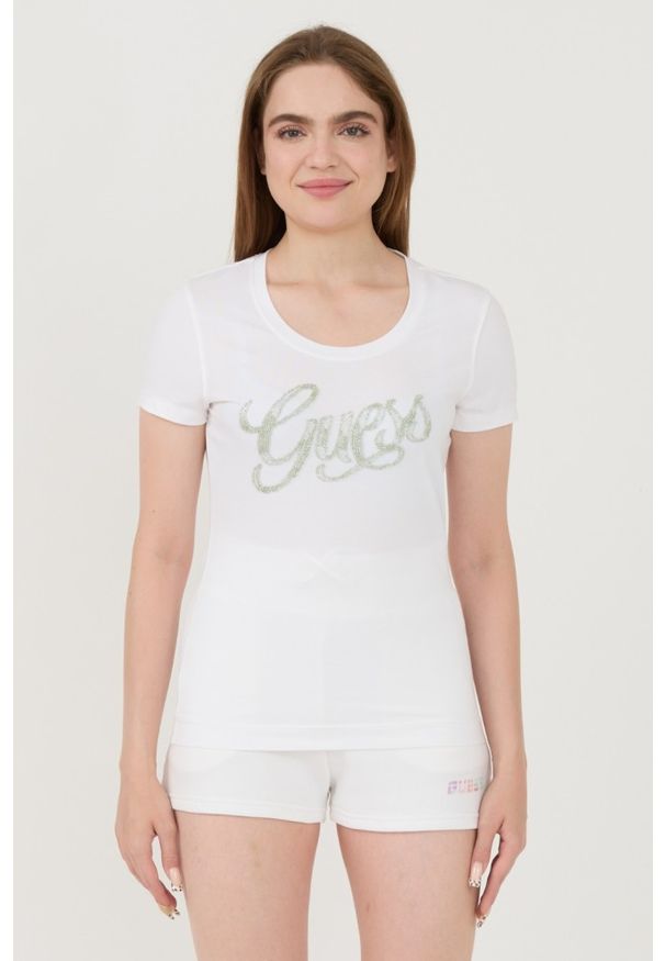 Guess - GUESS Biały damski t-shirt Script, Rozmiar S. Kolor: biały