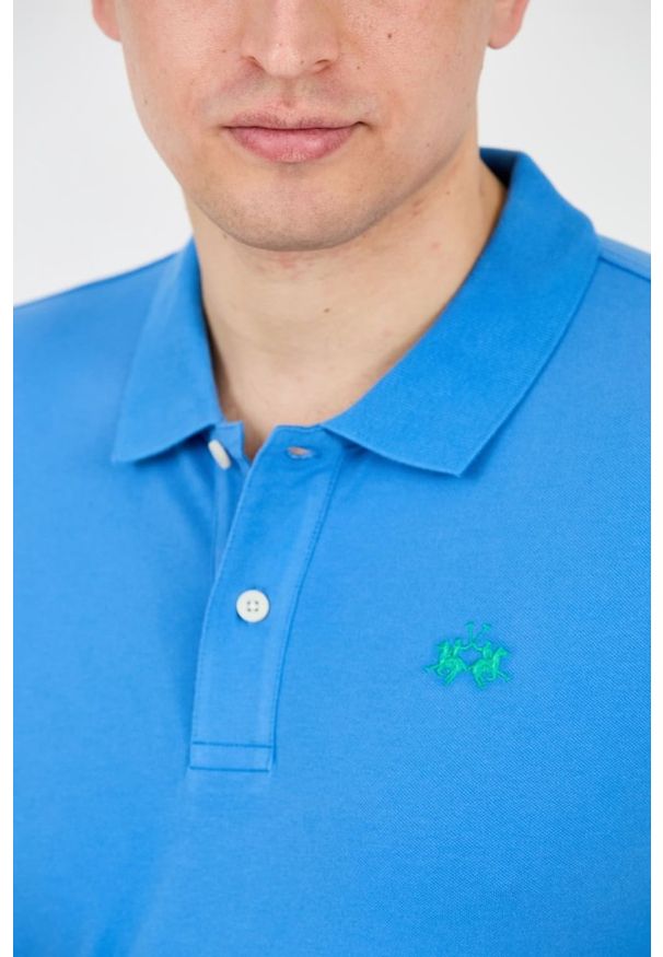 La Martina - LA MARTINA Niebieskie męskie polo z małym zielonym logo, Rozmiar XL. Typ kołnierza: polo. Kolor: niebieski