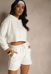 Renee - Beżowy Komplet Dresowy z Bawełną Szorty i Krótka Bluza z Kapturem Ralarose. Kolor: beżowy. Materiał: dresówka, bawełna. Sport: turystyka piesza
