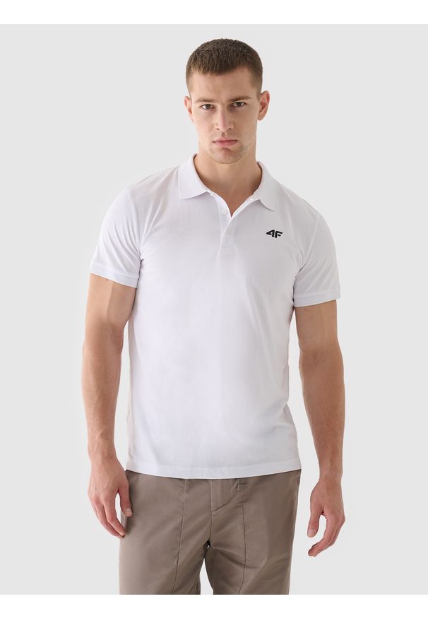 4f - 4F Koszulka polo regular męska - biała XL. Okazja: na co dzień. Typ kołnierza: polo. Kolor: biały. Materiał: bawełna, dzianina, jersey. Wzór: gładki, ze splotem. Styl: klasyczny, casual, sportowy