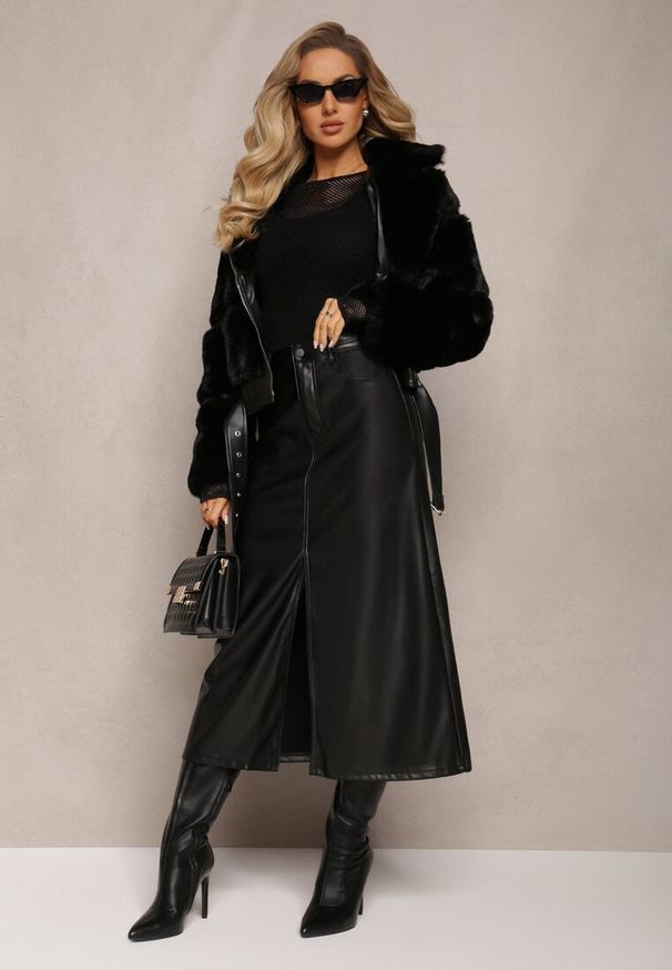 Renee - Czarna Trapezowa Spódnica Maxi z Imitacji Skóry Selariel. Kolor: czarny. Styl: elegancki