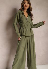 Renee - Ciemnozielony Komplet Luźne Spodnie na Gumce i Dłuższa Koszula Wiązana na Plecach Darienas. Kolor: zielony. Materiał: tkanina #5