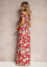 Renee - Czerwono-Biała Wiskozowa Sukienka Hiszpanka z Marszczoną Górą Zimbia. Typ kołnierza: dekolt hiszpanka. Kolor: czerwony. Materiał: wiskoza. Sezon: lato #3