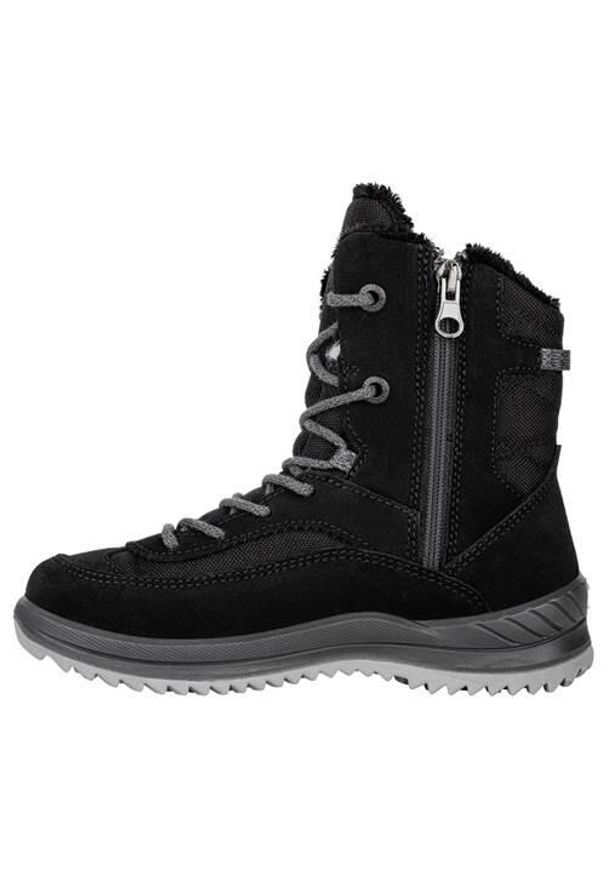 Buty trekkingowe dla dzieci Lowa Ella High Gtx. Wysokość cholewki: za kostkę. Zapięcie: sznurówki. Kolor: czarny. Materiał: materiał, syntetyk, tkanina. Szerokość cholewki: normalna