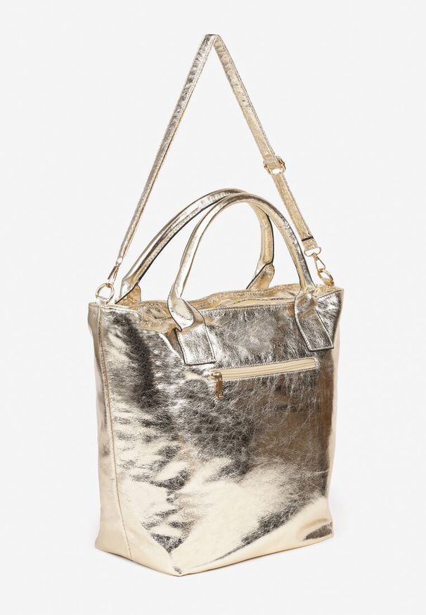Born2be - Złota Torebka Typu Shopper z Bawełną i Połyskiem Acreddia. Kolor: złoty. Styl: elegancki, casual