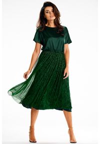 Awama - Zielona Rozkloszowana Sukienka Midi z Siatkowym Dolem. Kolor: zielony. Materiał: poliester, elastan. Długość: midi