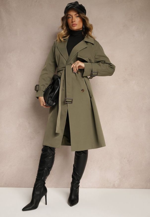 Renee - Zielony Dwurzędowy Płaszcz Trencz z Paskiem Ninnolia. Okazja: na spacer, do pracy. Kolor: zielony. Materiał: jeans. Wzór: aplikacja. Styl: elegancki, klasyczny