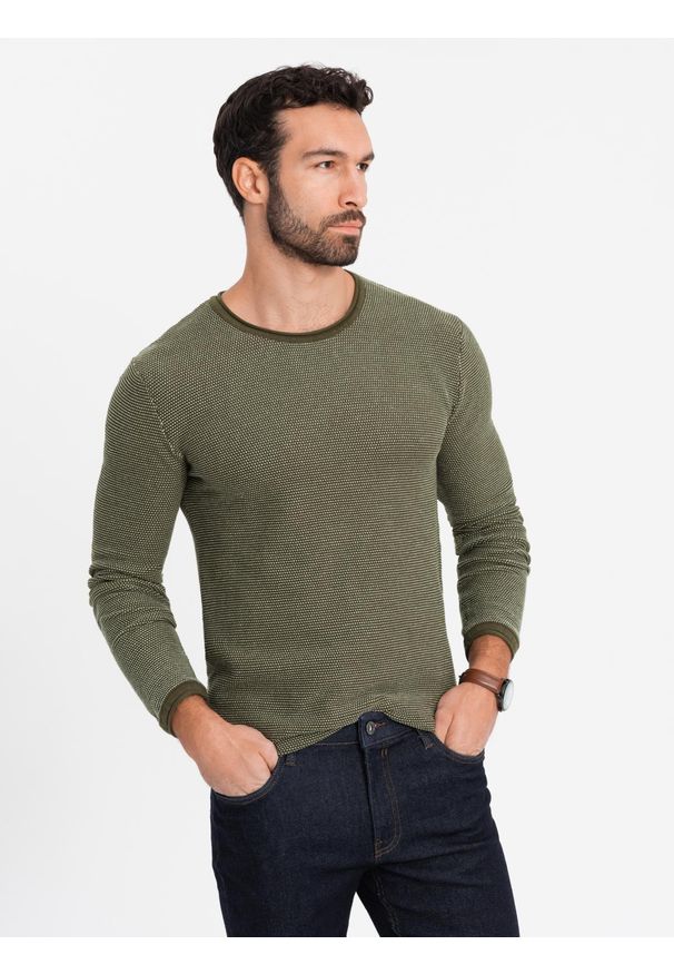 Ombre Clothing - Dzianinowy męski sweter w strukturalne kropki – oliwkowy V2 - Rozmiar: XL. Okazja: na co dzień. Kolor: oliwkowy. Materiał: dzianina. Wzór: kropki. Styl: casual