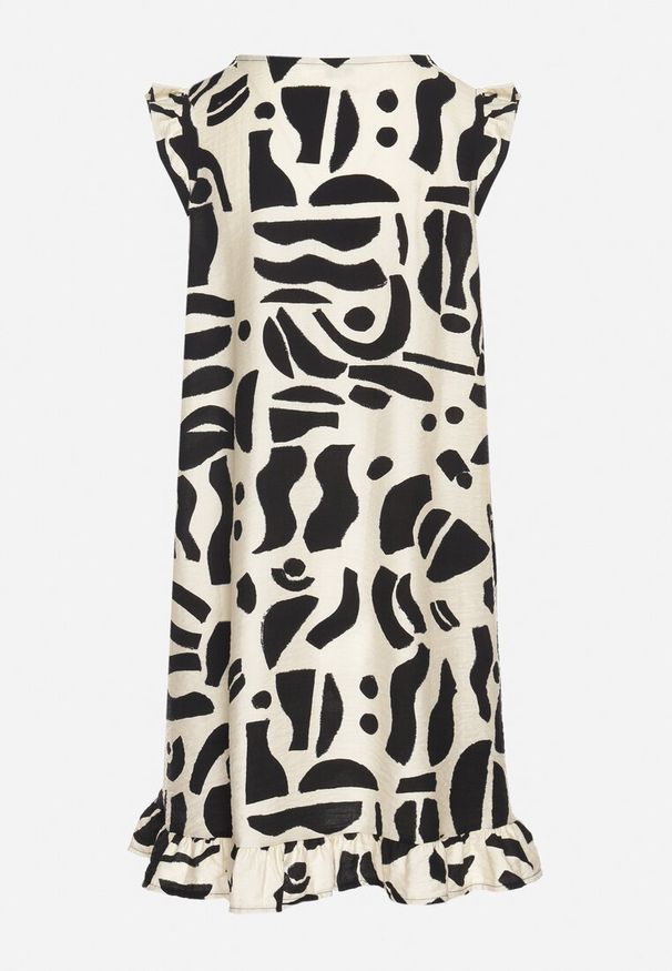 Born2be - Czarna Sukienka o Rozkloszowanym Kroju z Dekoltem w Serek w Abstrakcyjny Wzór Mevondra. Okazja: na co dzień. Typ kołnierza: dekolt w serek. Kolor: czarny. Materiał: skóra, jeans. Długość rękawa: bez rękawów. Styl: casual, elegancki