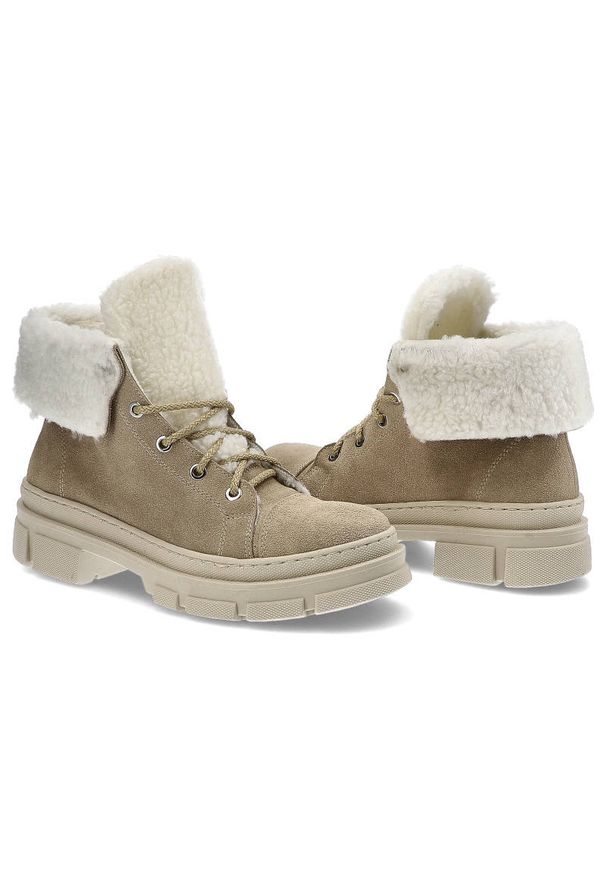 Beżowe Botki Kampa Damskie Ocieplane Obuwie. Okazja: na spacer. Kolor: beżowy. Materiał: zamsz, futro. Sezon: zima