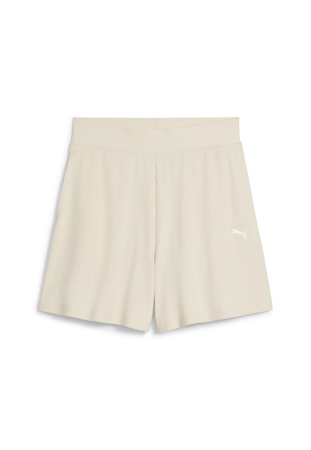 Puma - Damskie prążkowane szorty ESS ELEVATED 5" z wysokim stanem PUMA. Stan: podwyższony. Kolor: biały, wielokolorowy, beżowy. Materiał: prążkowany