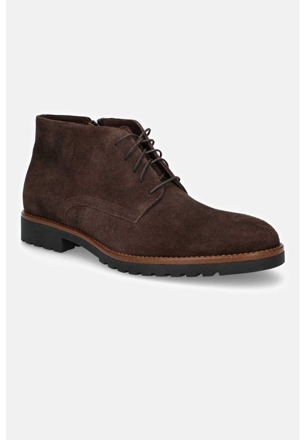 Lancerto - Buty Brązowe Moscow. Wysokość cholewki: za kostkę. Nosek buta: otwarty. Zapięcie: sznurówki. Kolor: brązowy. Materiał: skóra, jeans, zamsz, tkanina. Szerokość cholewki: normalna. Sezon: wiosna, zima, jesień. Styl: klasyczny, elegancki
