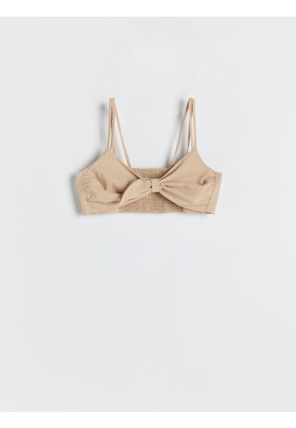Reserved - Crop top z wiązaniem - beżowy. Kolor: beżowy. Materiał: poliester, bawełna, tkanina