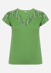 Born2be - Zielony T-shirt z Krótkim Rękawem i Ozdobną Koronką Winneli. Okazja: na co dzień. Kolekcja: plus size. Kolor: zielony. Materiał: koronka. Długość rękawa: krótki rękaw. Długość: krótkie. Wzór: koronka. Styl: klasyczny, casual, elegancki #5