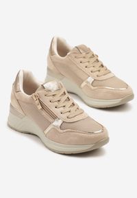 Born2be - Beżowe Sneakersy na Koturnie ze Skórzaną Wkładką i Ozdobnym Suwakiem Arivnia. Okazja: na co dzień. Kolor: beżowy. Materiał: skóra. Obcas: na koturnie. Wysokość obcasa: średni #4
