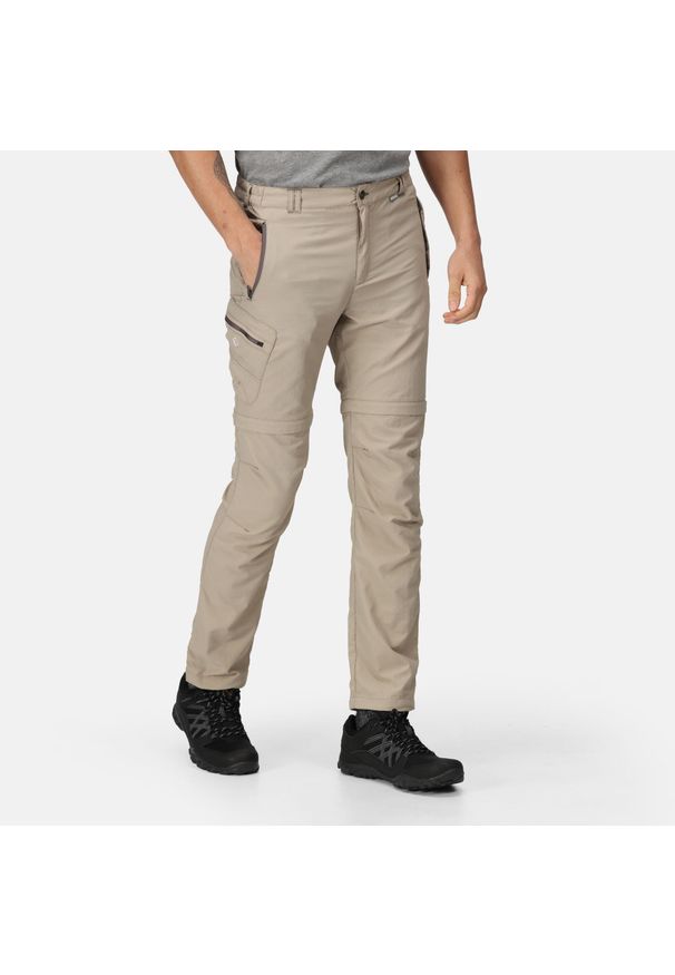 Regatta - Męskie spodnie trekkingowe Leesville II beżowe. Kolor: szary. Materiał: poliamid. Długość: długie. Sport: turystyka piesza