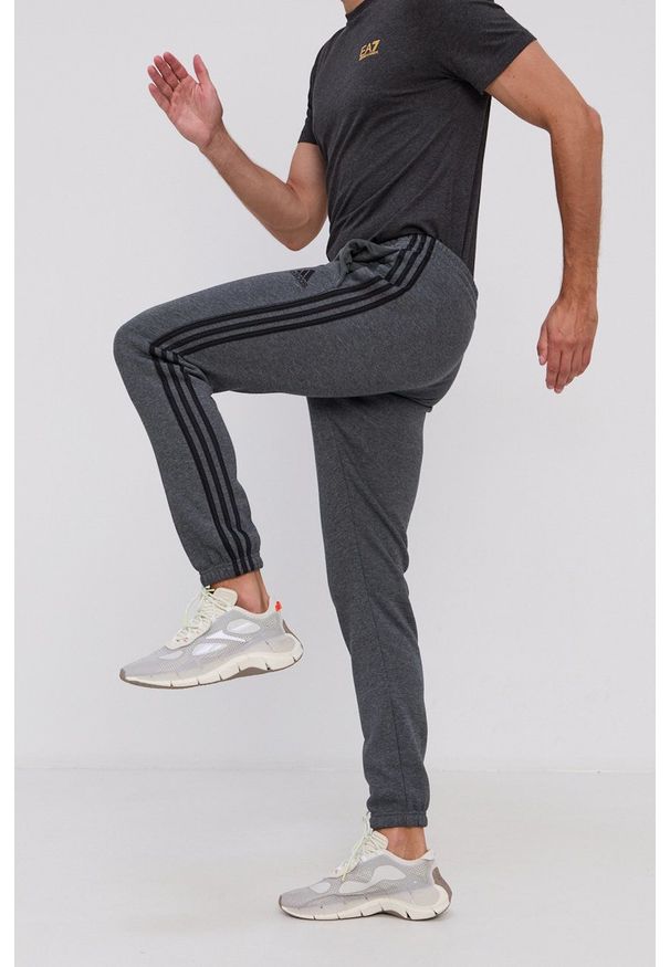 Adidas - adidas Spodnie męskie kolor szary z aplikacją. Kolor: szary. Materiał: bawełna, materiał, dzianina. Wzór: aplikacja