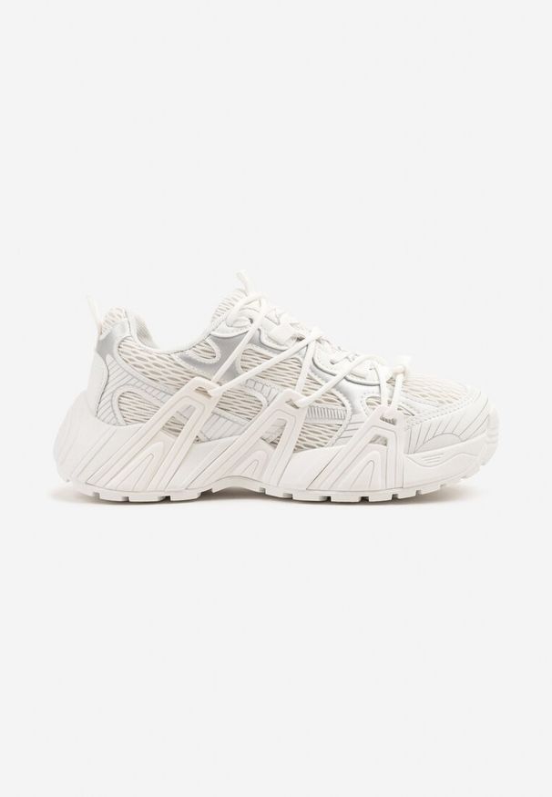 Born2be - Białe Sneakersy z Ozdobnym Sznurowaniem i Tłoczoną Podeszwą Nurilune. Okazja: na co dzień. Kolor: biały. Materiał: jeans
