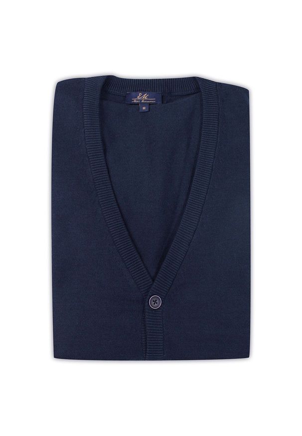 Kamizelka Granatowa, Elegancka, Bezrękawnik, na Guziki, Jednokolorowa -EM Men's Accessories. Okazja: na co dzień. Typ kołnierza: dekolt w kształcie V. Kolor: niebieski. Materiał: akryl, bawełna. Długość rękawa: bez rękawów. Sezon: zima, jesień. Styl: elegancki