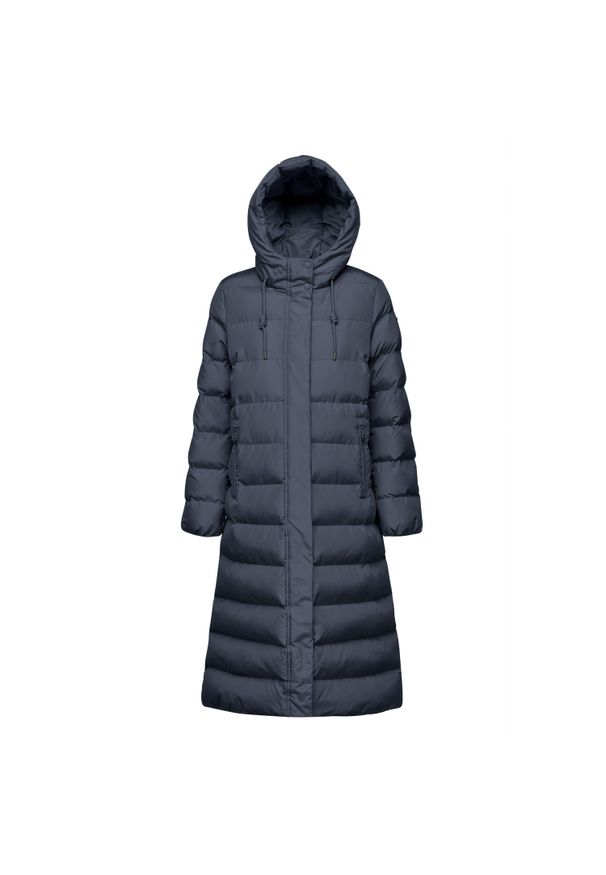 Damska długa kurtka z kapturem Geox Anylla. Typ kołnierza: kaptur. Kolor: niebieski. Materiał: puch. Długość: długie