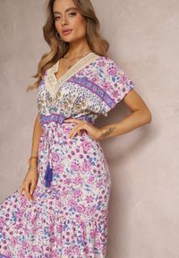 Renee - Fioletowa Sukienka Maxi ze Sznurkiem w Talii i Koronkową Wstawką przy Dekolcie Mererid. Kolor: fioletowy. Materiał: koronka. Długość: maxi #3