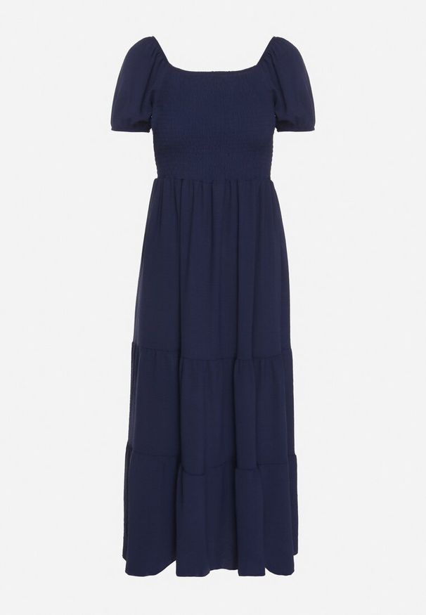 Born2be - Granatowa Rozkloszowana Sukienka z Dekoltem Typu Hiszpanka z Marszczeniem Lumorice. Okazja: na co dzień. Typ kołnierza: dekolt hiszpanka. Kolor: niebieski. Styl: casual, elegancki