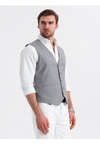 Ombre Clothing - Dopasowana męska kamizelka z rayonem i marmurkowymi guzikami – szara V3. Kolor: szary. Materiał: tkanina, poliester. Wzór: gładki, jednolity. Styl: elegancki #2