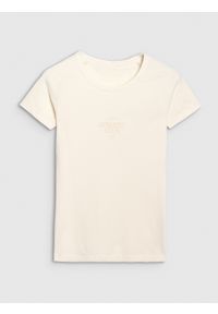 4f - 4F T-shirt slim z nadrukiem damski - biały S. Okazja: na co dzień. Kolor: biały. Materiał: bawełna, jersey, materiał, elastan. Długość rękawa: raglanowy rękaw. Wzór: nadruk. Styl: sportowy, klasyczny, casual