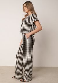 Born2be - Beżowo-Czarny Dzianinowy Komplet z Bawełną Ozdobiony Wzorem w Paski Spodnie i Bluzka Amiphisia. Kolor: beżowy. Materiał: bawełna, dzianina. Wzór: paski, aplikacja #8