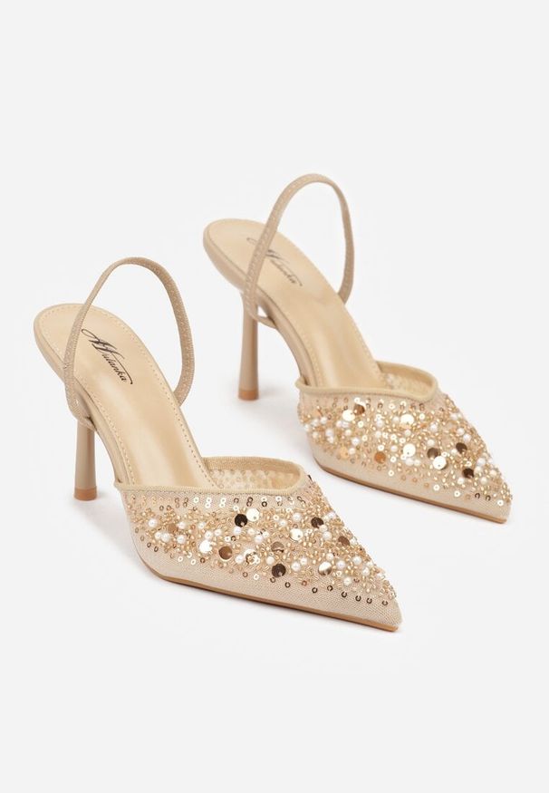 Renee - Ciemnobeżowe Szpilki Slingback Zdobione Perełkami i Cekinami Irifera. Okazja: na studniówkę, na co dzień. Zapięcie: bez zapięcia. Kolor: beżowy. Materiał: satyna, jeans. Wzór: aplikacja. Obcas: na szpilce. Styl: casual, elegancki
