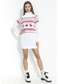 e-margeritka - Sukienka świąteczna swetrowa z golfem biała - xs. Typ kołnierza: golf. Kolor: biały. Materiał: materiał, akryl. Wzór: aplikacja, ze splotem. Sezon: zima. Typ sukienki: dopasowane. Styl: wizytowy