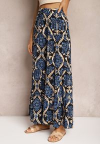 Renee - Czarno-Niebieskie Spodnie z Wiskozy z Szerokimi Nogawkami High Waist Wykończone Gumką w Talii Risettasmi. Stan: podwyższony. Kolor: czarny. Materiał: wiskoza. Sezon: lato #3