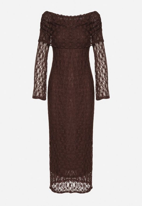 Born2be - Brązowa Koktajlowa Sukienka z Odkrytymi Ramionami z Koronki Eperrie. Kolor: brązowy. Materiał: koronka. Wzór: koronka. Typ sukienki: z odkrytymi ramionami. Styl: wizytowy