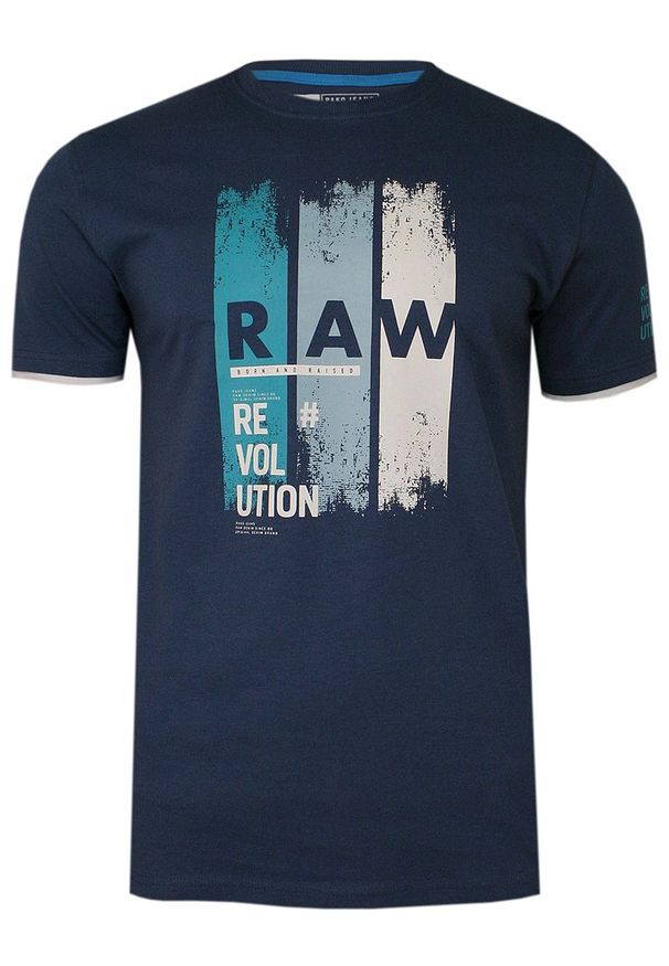 Pako Jeans - Granatowy Bawełniany T-Shirt z Nadrukiem -PAKO JEANS- Męski, Okrągły Dekolt, Krótki Rękaw. Okazja: na co dzień. Kolor: niebieski. Materiał: bawełna. Długość rękawa: krótki rękaw. Długość: krótkie. Wzór: nadruk. Styl: casual