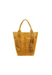 Vera pelle - Shopper bag skórzany croco musztardowy L94. Kolor: żółty. Wzór: aplikacja. Dodatki: z frędzlami, z breloczkiem. Materiał: skórzane. Styl: casual