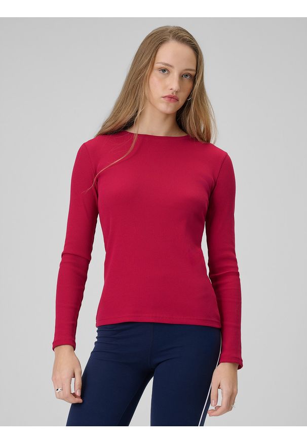 4f - 4F Longsleeve slim z prążkowanej dzianiny damski - różowy XS. Okazja: na co dzień, na spacer. Kolor: różowy. Materiał: prążkowany, dzianina. Długość rękawa: długi rękaw. Wzór: prążki. Styl: casual